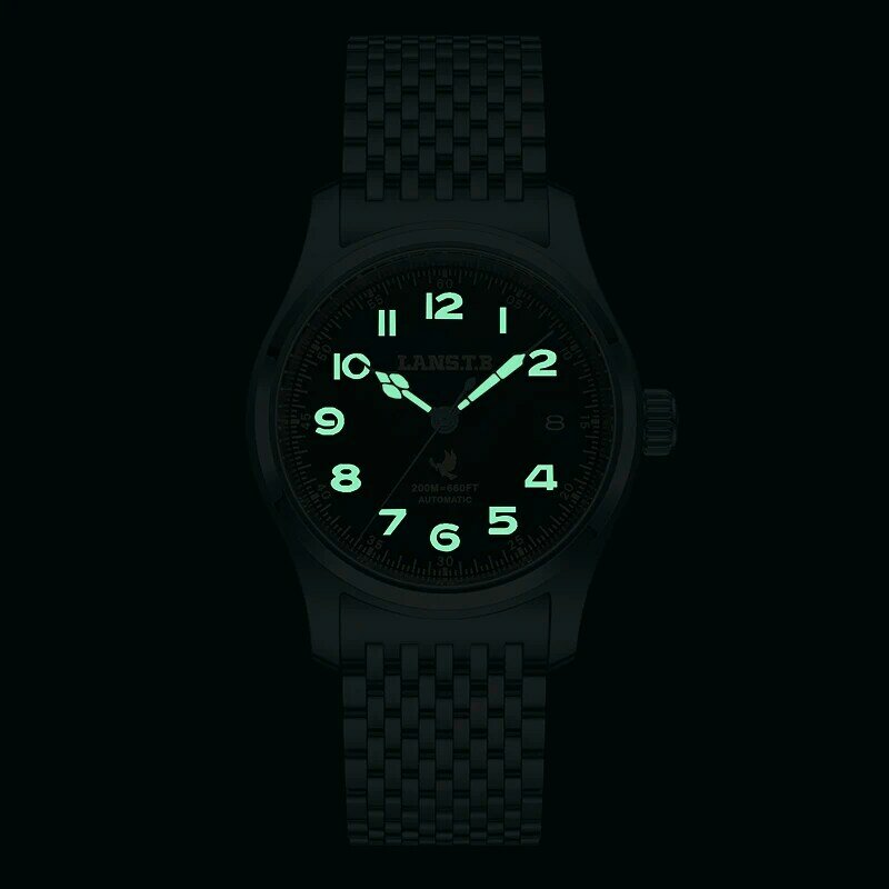 LANSTB- 빈티지  오마주 시계, 스테인리스 스틸, 기계식, 밀리터리 크로노그래프 200M 방수 남성용 시계, 스포츠 손목시계