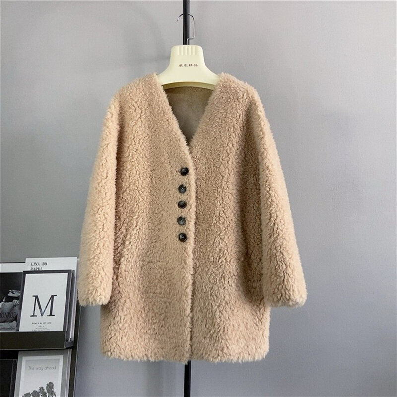 Abrigo cálido de lana de cordero para mujer, chaqueta holgada de longitud media, cuello en V, negro, PT436, nuevo