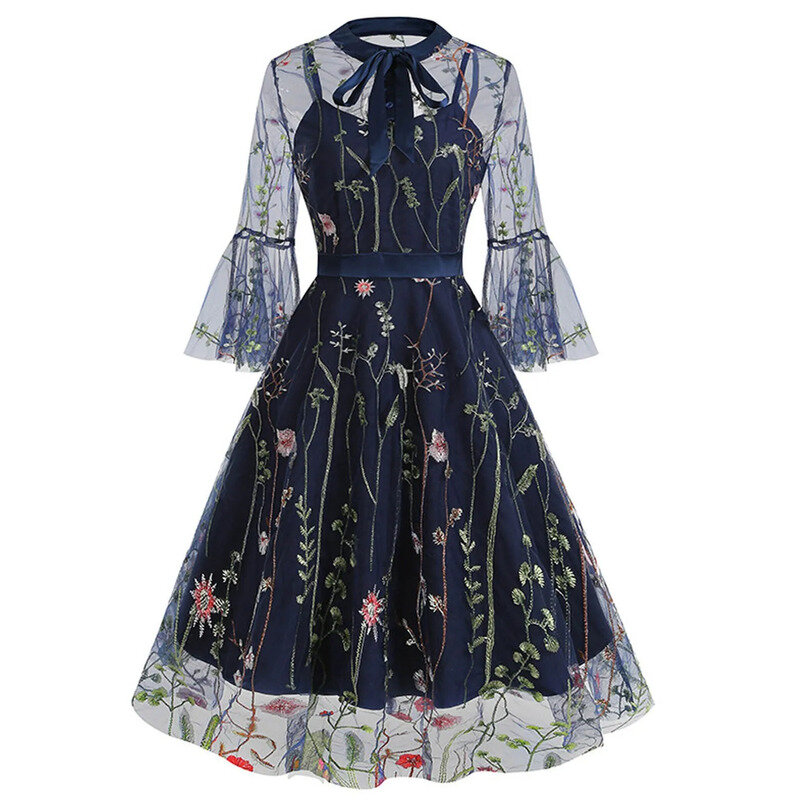Y-Y Autumn Winter Embroidery Holiday Party Flare Dress Patchwork Mesh Gothic Steampunk Retro Sundress Halloween Runway Dress