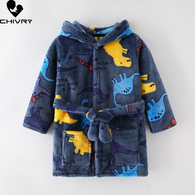 Jubah mandi flanel bertudung anak-anak, jubah mandi bayi kartun dinosaurus lengan panjang baju handuk hangat musim gugur dan dingin