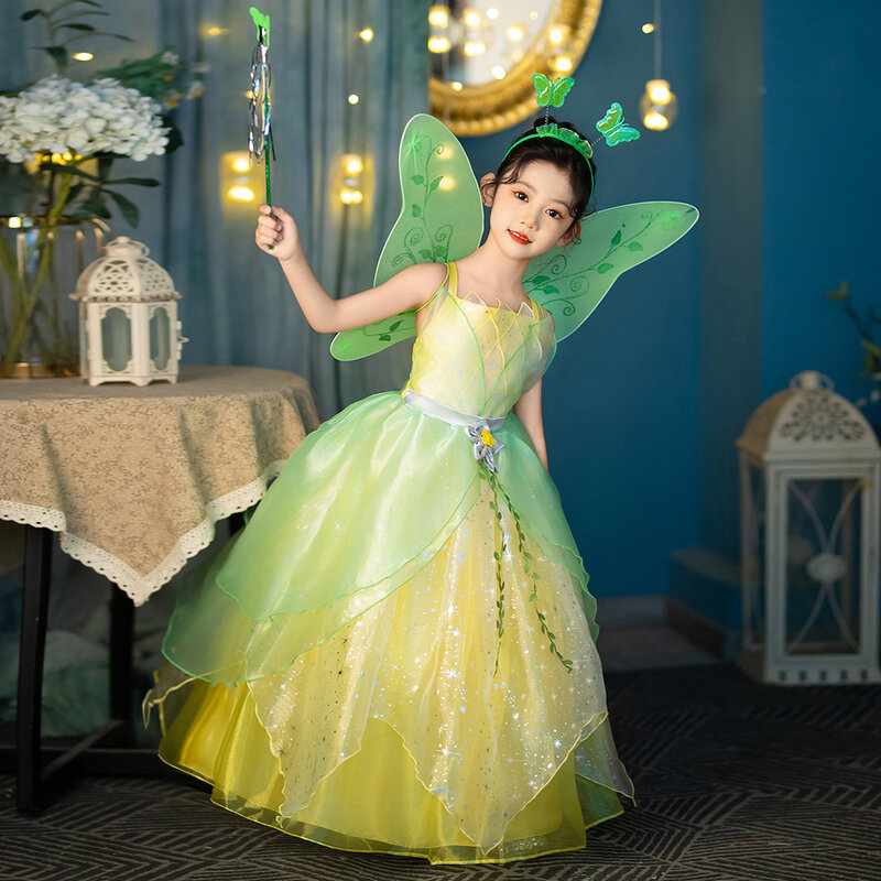 女の子のためのプリンセスティアナコスプレドレス,プリンセスドレス,カエル,子供のハロウィーンの衣装,カーニバルパーティー,緑の生地
