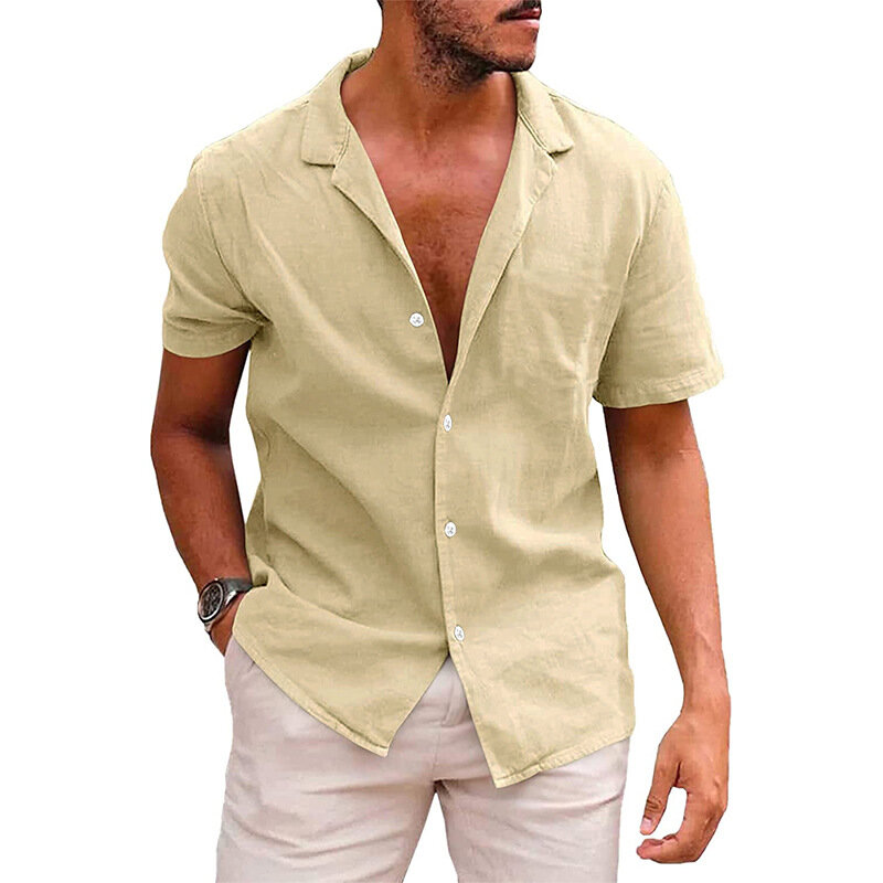 Summer lapel solid color short-sleeved shirt button men's cotton linen shirt men's