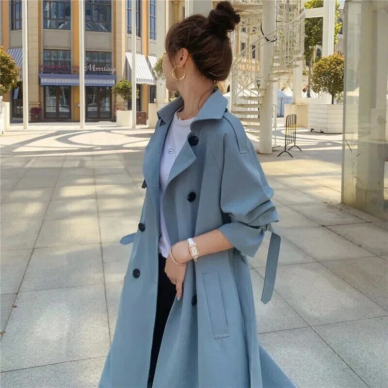 여성용 베이지 블루 롱 더블 브레스트 트렌치 코트, 벨트 용수철, 가을 레이디 코트, 한국 루즈 아우터, 패션