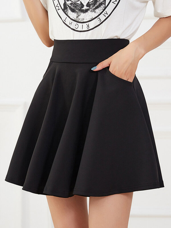 Mini Skirts High Waist Women Sexy Summer Pockets Style Pleated Harajuku Elastic Solid Black White Red Korea Tennis Dance