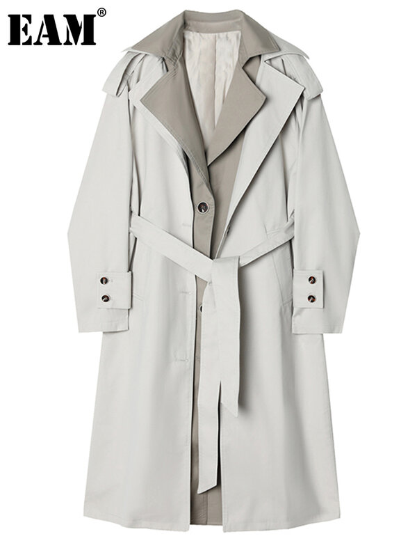 EAM-gabardina de talla grande para mujer, abrigo holgado de manga larga con solapa, Color gris, a la moda, para primavera y otoño, 2024, 1DE6476