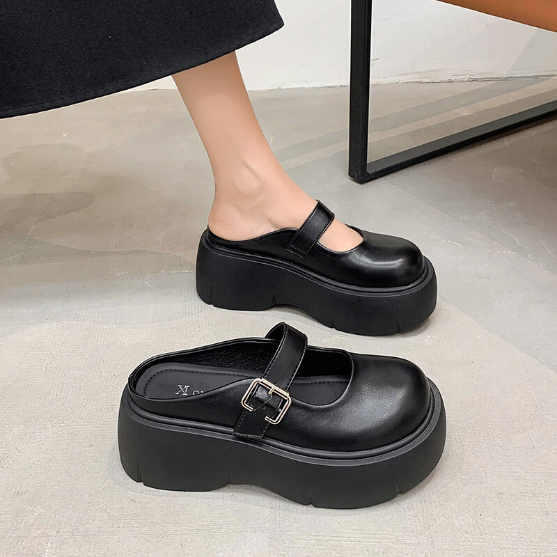 Women New Autumn Metal Buckle Thick-soled Comfortable Mule Shoes for Women Retro Solid Color Comfortable Slip-on Women's Loafers