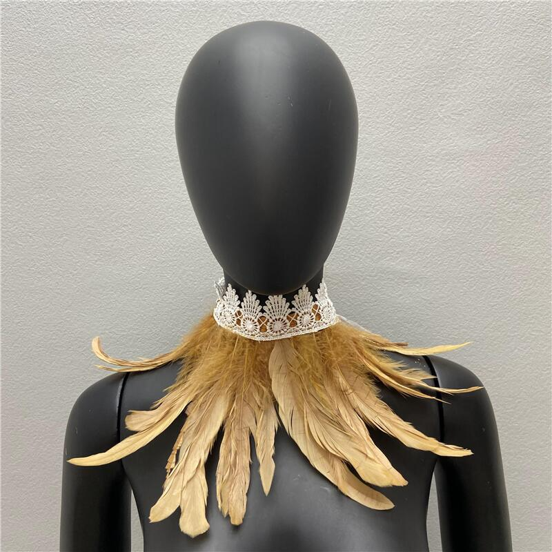 Women Natural Feather Shrug Shawl Fake Collar Gothic Shoulder Wrap Cape Collar with Lace Ties Cosplay Costume Party Scarf
