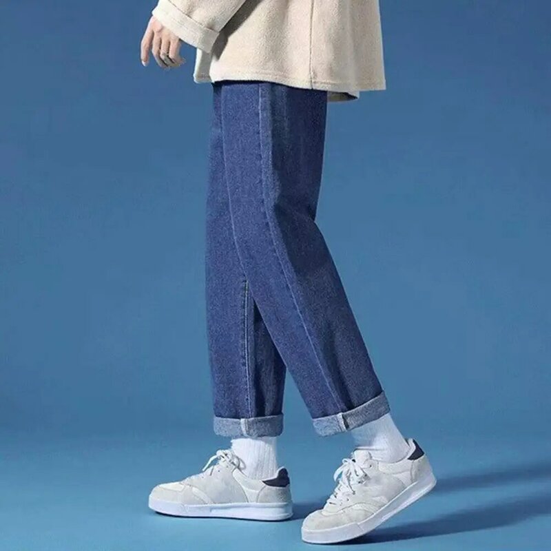 Men Denim Pants Streetwear Men's Wide Leg Denim Pants with Zipper Fly Pockets Casual Loose Fit Jeans for A Stylish Look Straight