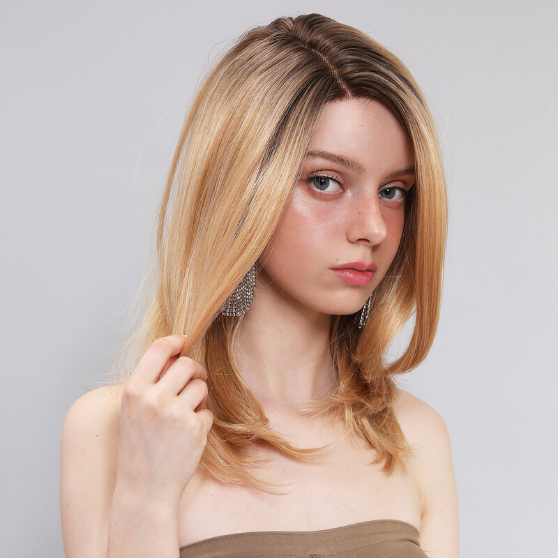 Smilco goldene synthetische Spitze vorne kurze gerade Bob Perücken für Frauen unsichtbare Spitze vorne vor gezupfte Perücke hitze beständiges Haar