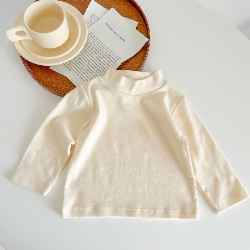 T-Shirt katun anak perempuan musim gugur 2024 kemeja Bottoming hangat leher tinggi lengan panjang anak-anak baju anak-anak bayi atasan warna permen