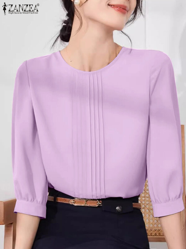 Модные женские плиссированные рубашки ZANZEA Корейская Офисная Женская блузка повседневные однотонные топы с круглым вырезом туника 2024 летняя простая Базовая блуза