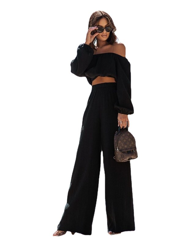Y2KWoman ClothingWomen'S Short Sleeve Off Shoulder Top And Straight Leg Pants , Commuter Two Piece Set, New Fashion, 2024