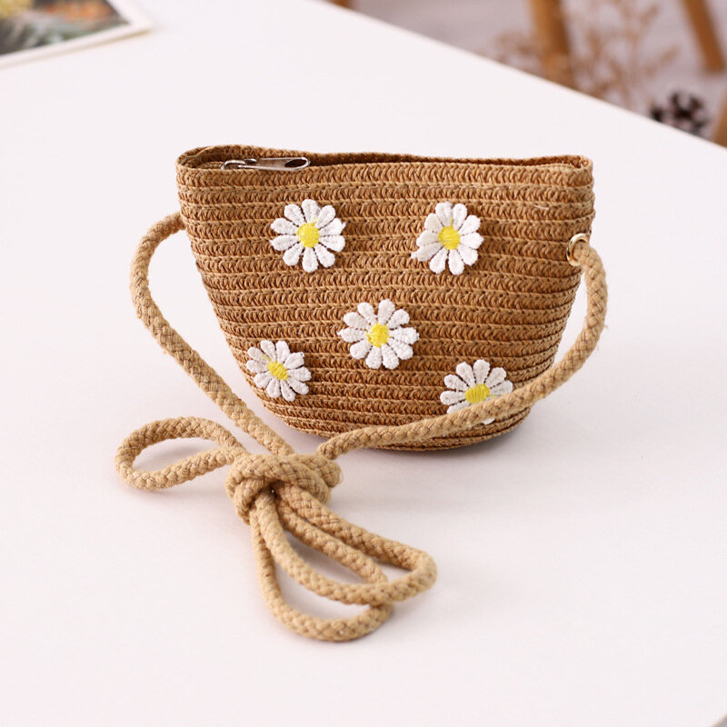 New 2023 Summer Children Girls Shoulder Bag Daisy Flower Straw Bag Messenger Bag Kids Keys Coin Purse Cute Princess Mini Handbag
