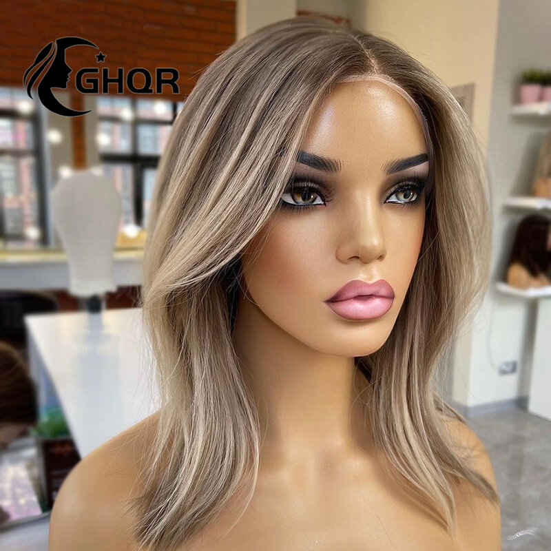 Perruque blonde en dentelle transparente HD pour femme, cheveux humains courts, perruque à reflets bruns, dentelle transparente HD, dentelle ultraviolette complète à 360