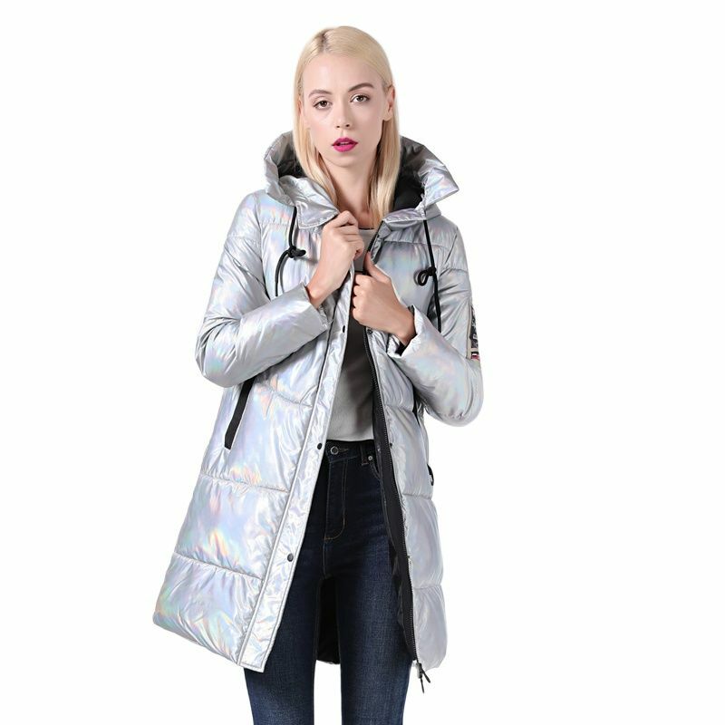 2022 New Winter Jacket Women Silver Holographic Glitter Quilted Long Women's Winter Coat Hooded Thick Down Jacket Parka