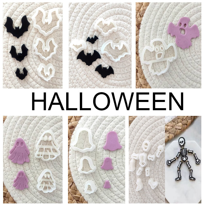 Clay Jewelry DIY Halloween Clay Cutter Polymer Clay Earrings Cutters Mini Cute Bat Skull Ghost Pendant Shape Jewelry Making Tool