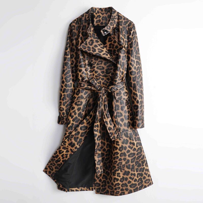 High Quality Women's Genuine Leather Trench Coat Fashion Leopard Print Ladies Lace-up Belt Pockets Long Sheepskin Trench Outwear