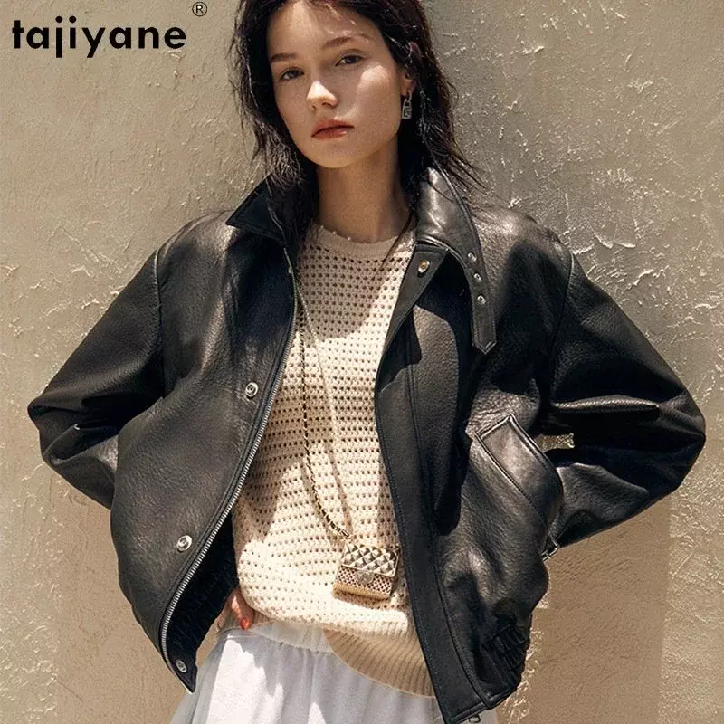 Tajiyane-jaqueta de couro genuíno feminino, casaco de pele de carneiro real, streetwear casual curto, preto e elegante, high-end, 2023