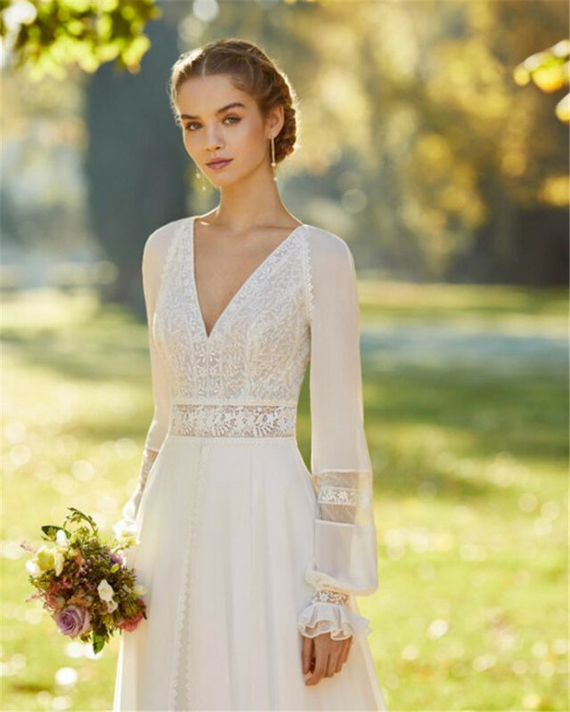 Modern Backless Garden Wedding Dress Simple V-Neck Long Sleeve Country Wedding Dresses Chiffion vestido de noiva