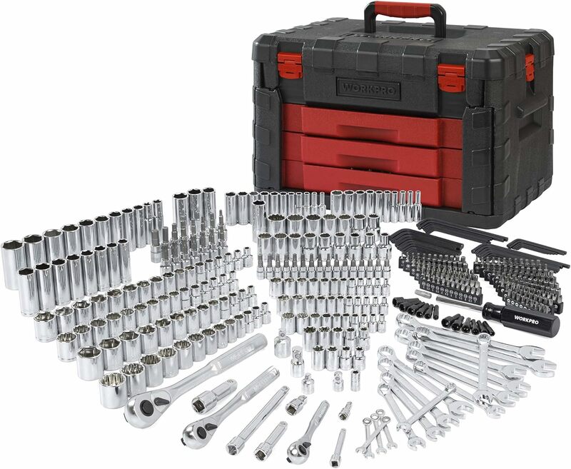 WORKPRO Set alat mekanik 450 potong, Kit alat profesional Universal dengan kotak casing tugas berat