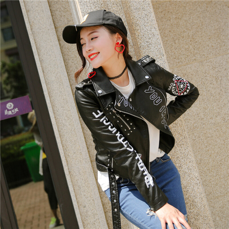 Женская мотоциклетная куртка из искусственной кожи, с длинным рукавом