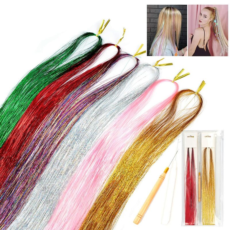 18สีเงาหัวข้อ Glitter Hair Tinsel ชุดทองผ้าไหม Glitter String Extensions อุปกรณ์เสริมสำหรับผู้หญิง Headdress