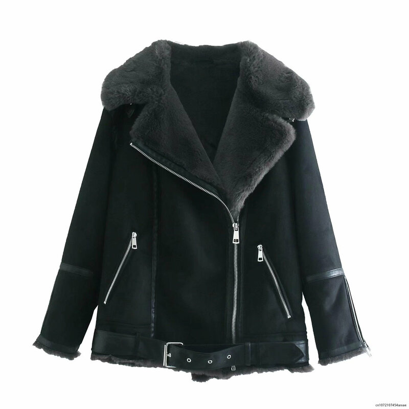 Inverno veludo jaquetas para mulher falso couro emendado zíper gola casacos solto neve quente jaqueta de couro feminino com cinto