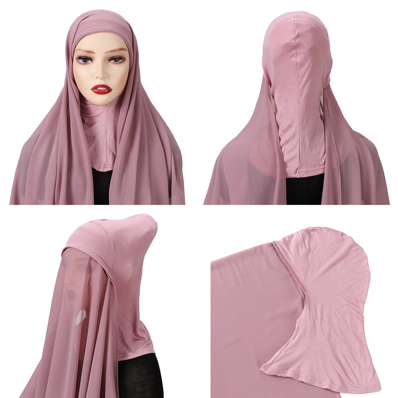 Bando dalam Muslim Hijab sifon instan wanita topi Bonnet selendang panjang dengan Jersey kerudung penutup leher bungkus kepala