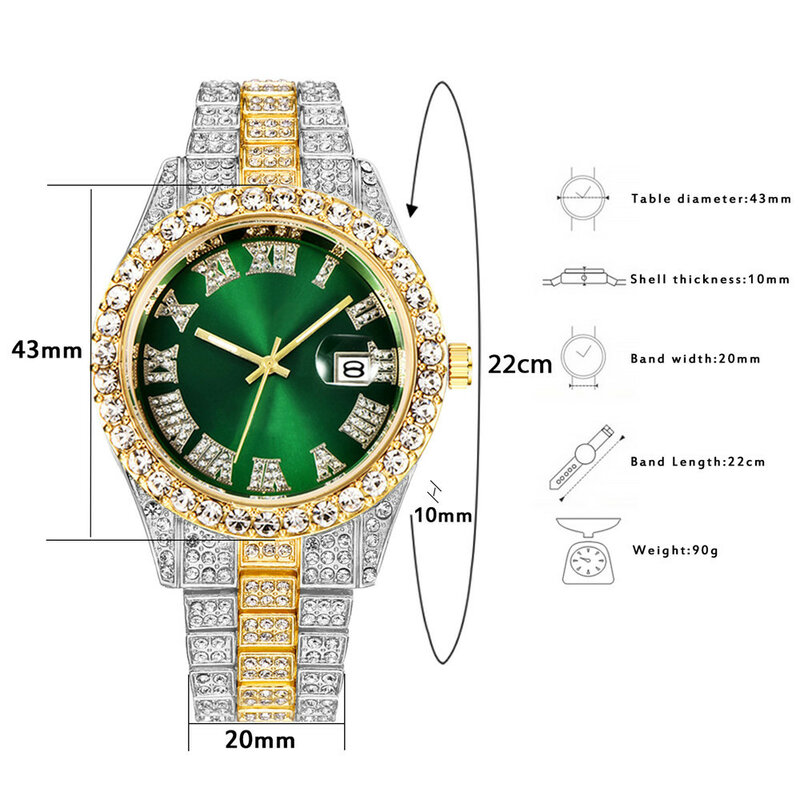 Luxe Mens Quartz Horloge Goud Rvs Diamant Riem Kalender Romeinse Digitale Wijzerplaat Mannen Polshorloge Mannen Hip Hop Horloges