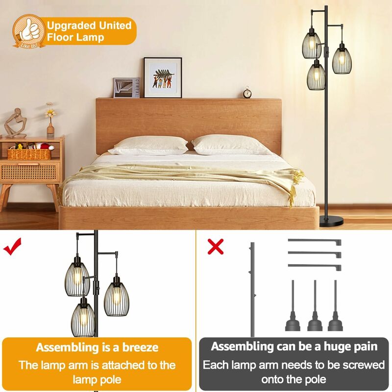 Dimmable Floor Lamp, 3 x 800LM LED Edison Bulbs Included, Farmhouse Industrial Floor Lamp Standing Tree Lamp with Elegant