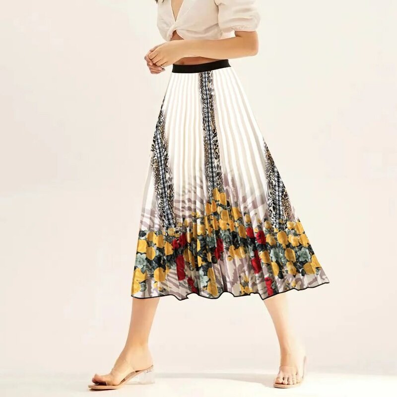 Nighpha Vintage Floral Print Pleated Skirt for Women Elastic High Waist Casual Midi Skirt Summer Clothes