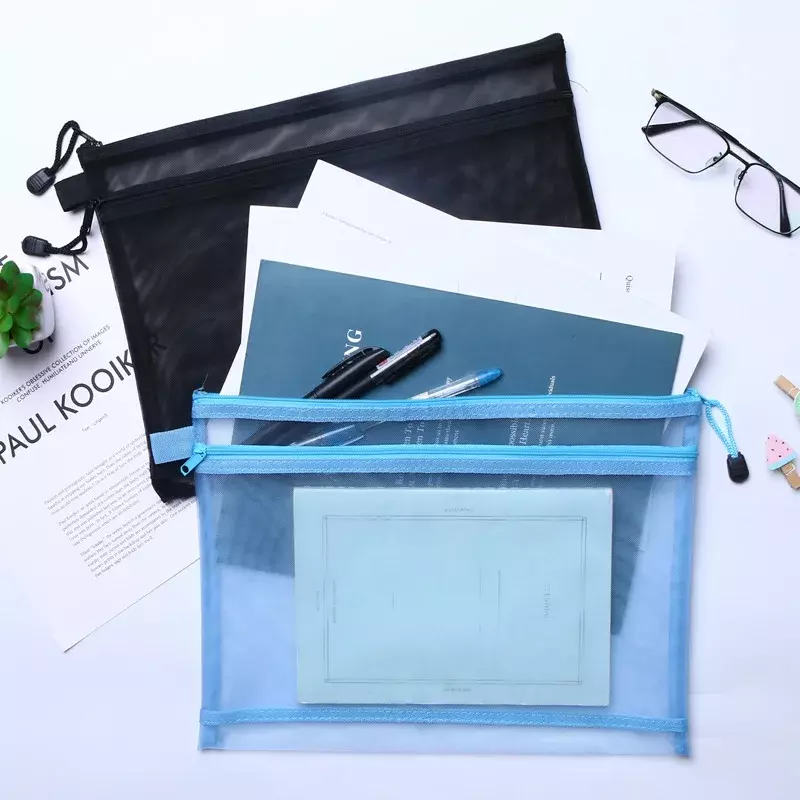 Bolsa de archivos portátil con cremallera de malla de doble capa, almacenamiento de datos de papel transparente para estudiantes, papelería de oficina, A4, A5, A6