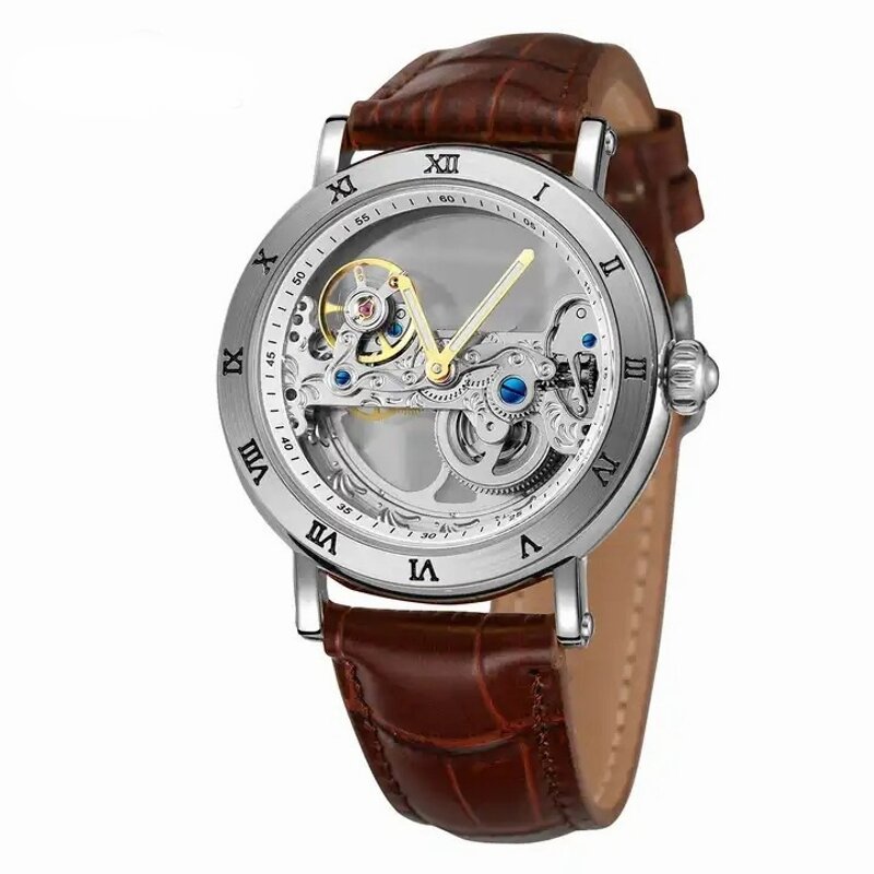 Men Skeleton Watch Cow Leather Band Fashionable Wrist Watch Golden Plate Mechanical Watch