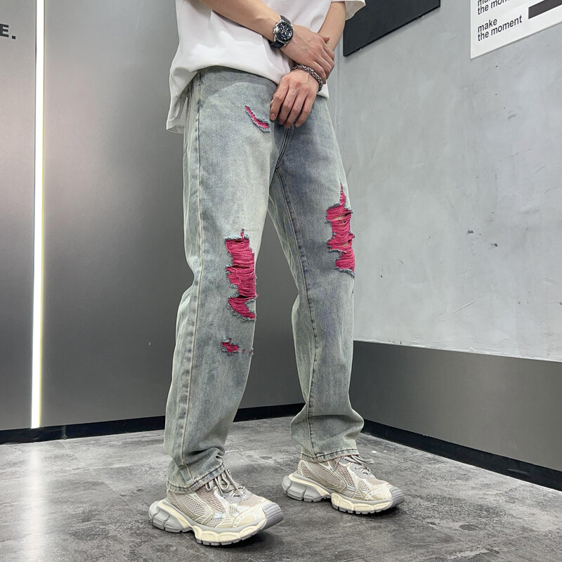 Modna, z dziurami jeansy Y2K męskie retro w trudnej sytuacji modne luźne, dopasowane spodnie z szerokimi nogawkami