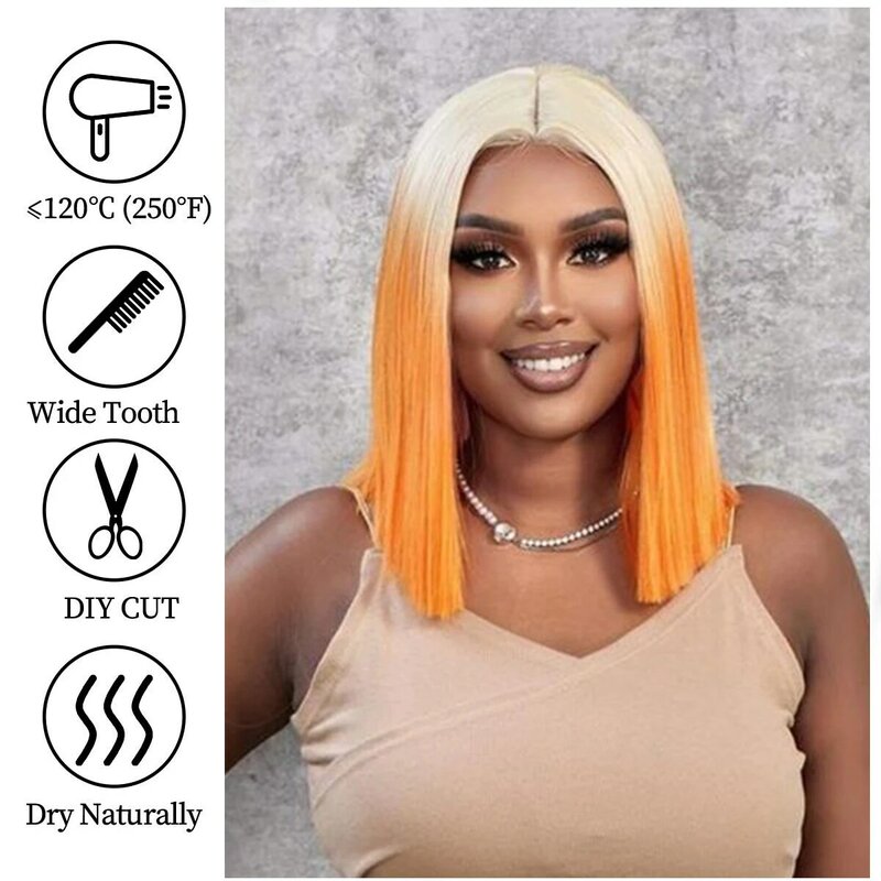 Wig Bob jahe Ombre, Wig rambut pendek lurus untuk wanita pesta Cosplay sintetis tahan panas serat bagian tengah penggunaan sehari-hari