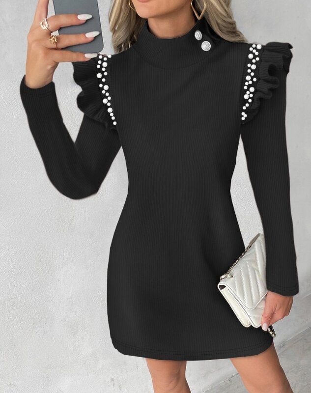 Babados femininos vestido Bodycon manga Flutter, botão, nervuras frisadas, pulôveres de gola alta, mini vestido casual fino, vestidos de malha, 2023