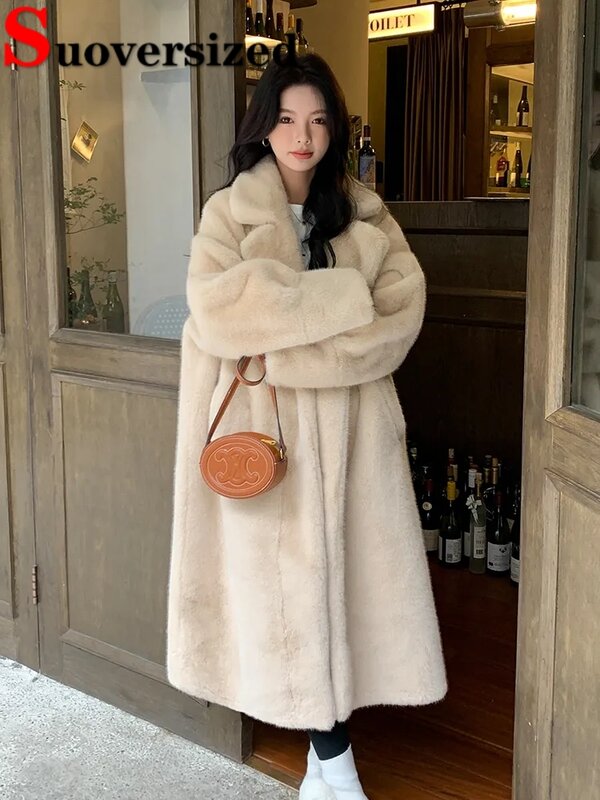 女性のためのロングフェイクファージャケット、暖かい模造ミンクコート、豪華なオーバーコート、厚い毛皮のようなパッド、大きくて厚い、韓国の冬