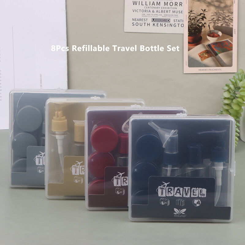 8Pcs Refillable Travel Bottle Set Dispensing Spray Lotion Shower Gel Essence Shampoo Cosmetic Empty Container Makeup Storage