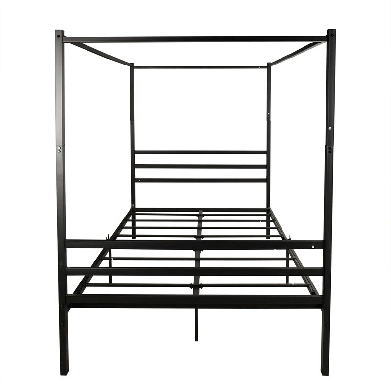 Cama de Metal con dosel tamaño Queen, cama con cabecero, colchón, base, marco de plataforma, listón de Metal negro [US-W]
