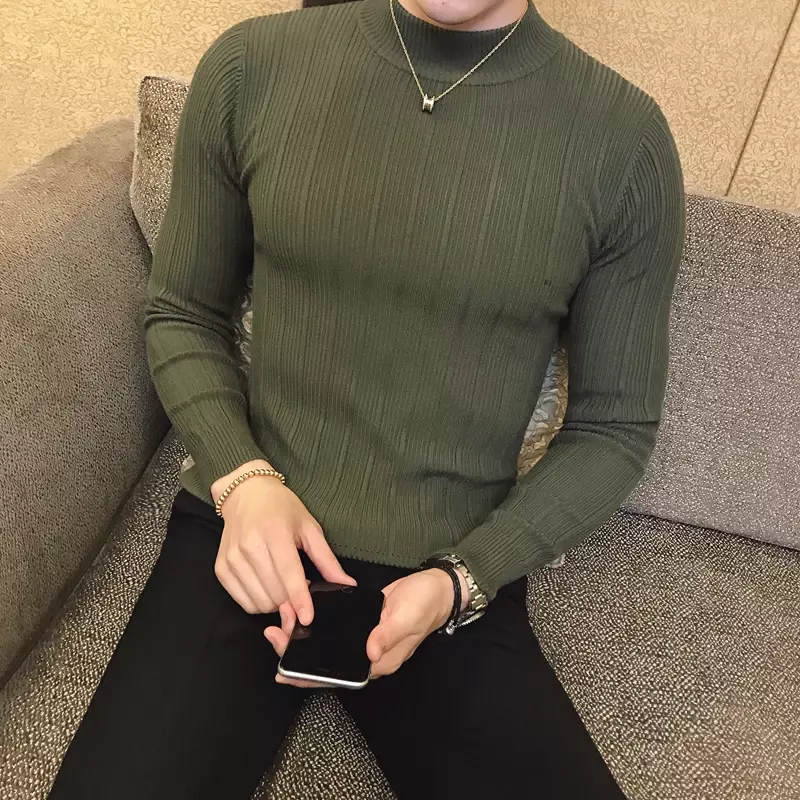 Sweater pria, Sweater Korea kasual bergaris Solid kerah setengah tinggi regang ketat atasan rajut 2023
