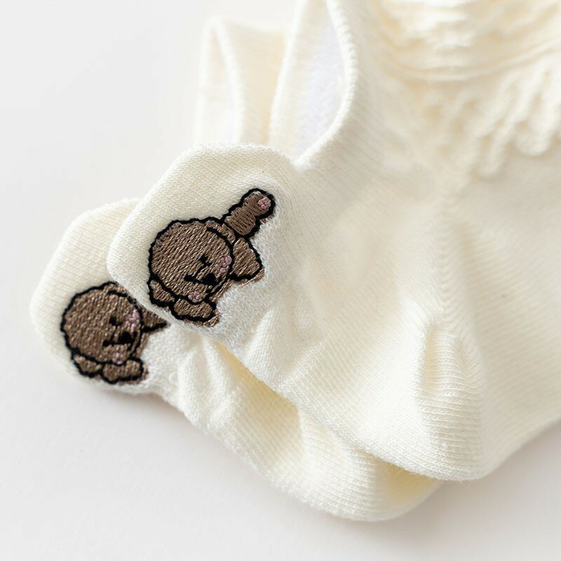 New Ankle Socks Woman Cartoon Animal Embroidery Embossed Cotton Socks Japanese Solid Color Simple Women's No-show Socks D101