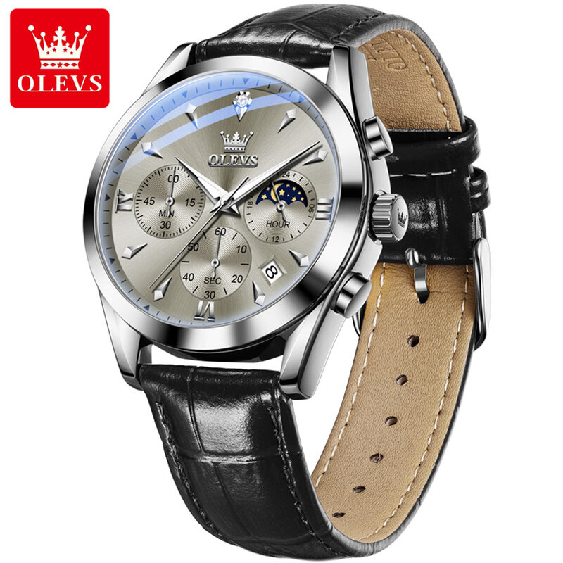 OLEVS นาฬิกาหรูสำหรับผู้ชาย, นาฬิกาสายหนังกันน้ำโครโนกราฟดวงจันทร์เฟสดูด้านบนนาฬิกาควอทซ์ของแท้สำหรับผู้ชาย