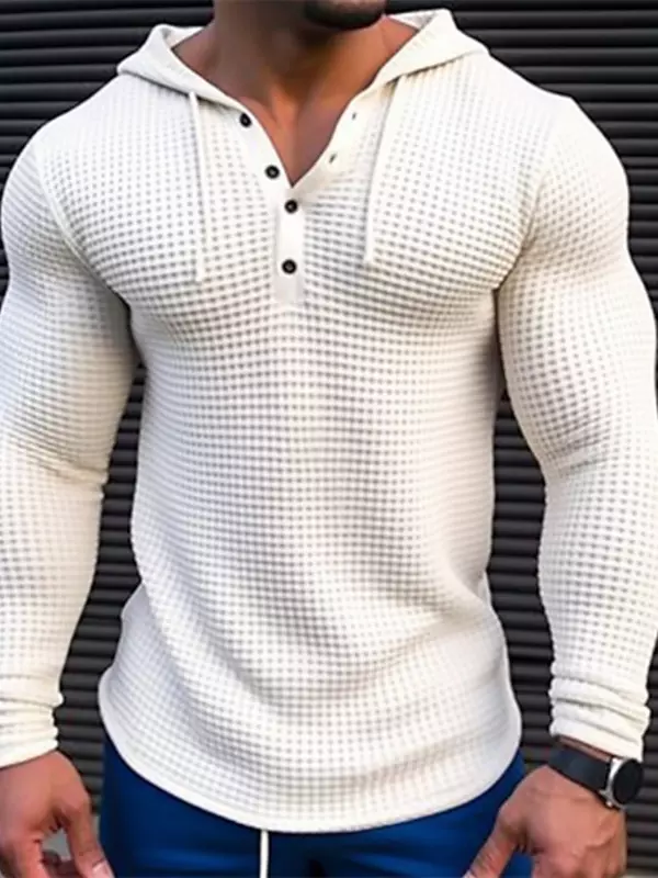 Spring Solid Color Slim Fit Long Sleeved T-shirt, Men's Hooded Breathable Sports Top, Waffle Cotton Casual Long Sleeved Shirt