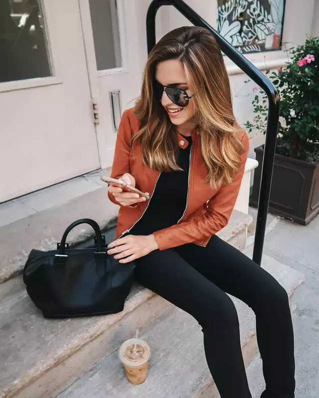 Women Faux Leather Stand Collar Zipper Cardigan Jackets Long Sleeve Slim Solid Color Autumn Moto Bike Casual Autumn 2023