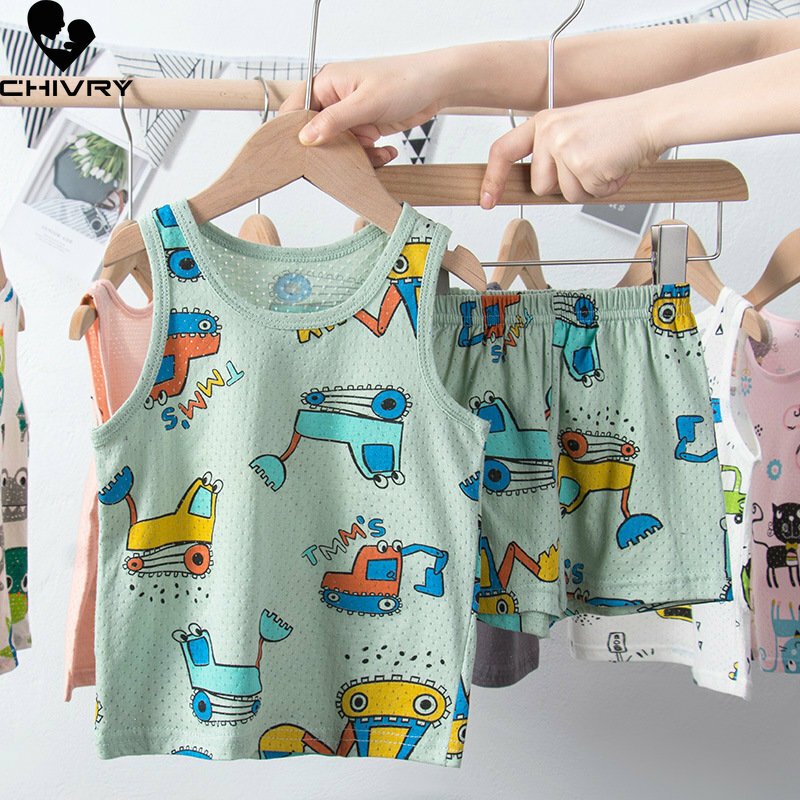 New 2023 Kids Boys Girls Summer Pajamas Cute Cartoon Dinosaur Sleeveless Vest T-Shirt Tops with Shorts Kids Baby Clothing Sets