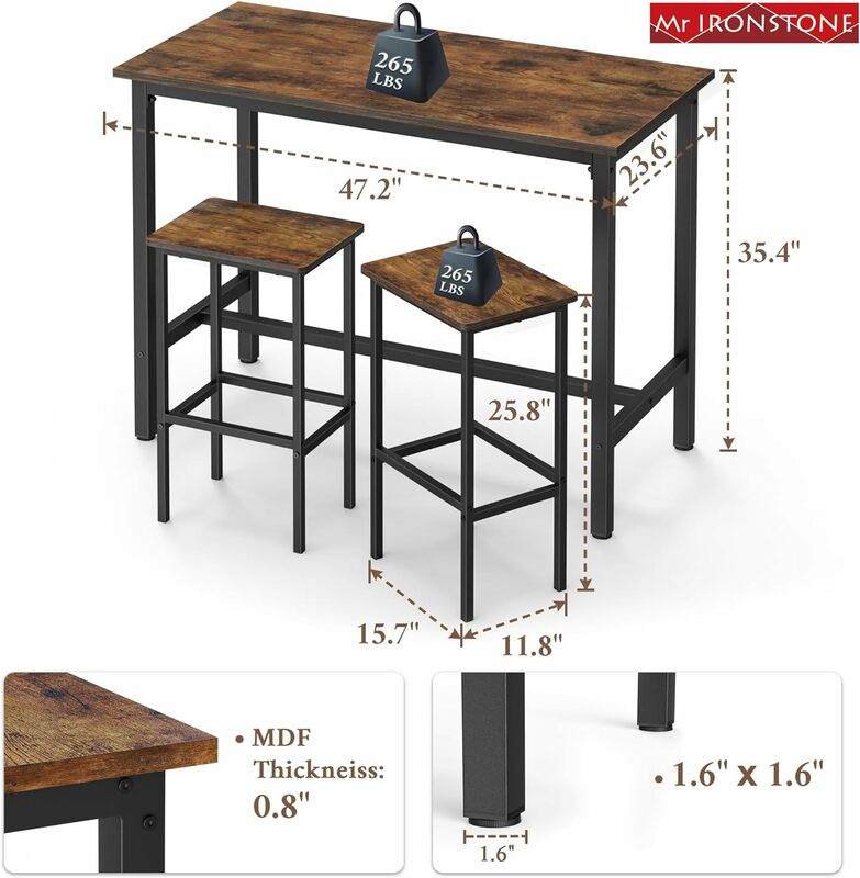 Mr IRONSTONE Bar Table and Chairs Se,Bar Height Table with 2 Bar Stools, 3 Pieces Industrial Dinning Table Sets for Party