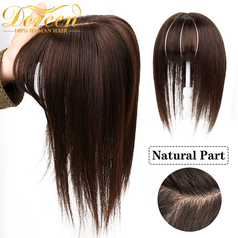 Doreen13 * 13Cm 10 "12" 16 "Topper Potongan Rambut dengan Poni 100% Ujung Rambut Manusia Remy Asli untuk Wanita dengan Rambut Tipis Coklat Alami