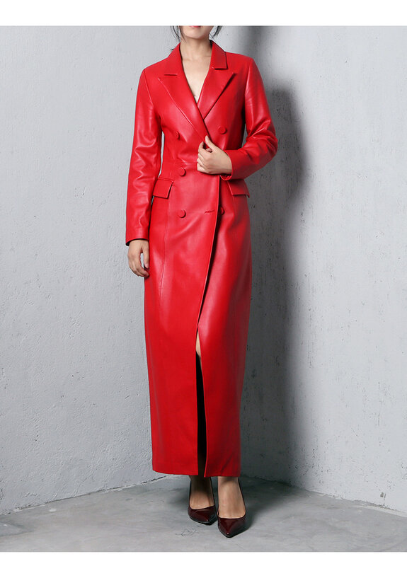 Gabardina Extra larga de piel sintética para mujer, abrigo rojo suave con doble botonadura, moda británica elegante de lujo, primavera y otoño, 2024