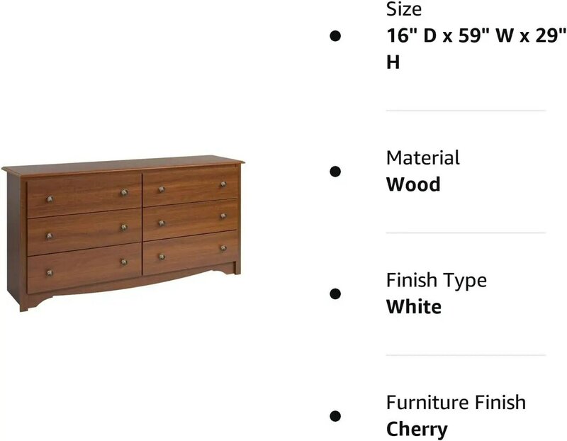 Cherry Double Dresser for Bedroom, 6-Drawer Wide Chest of Drawers, Traditional Bedroom Dresser, CDC-6330-V, 59"W x 16"D x 29"H