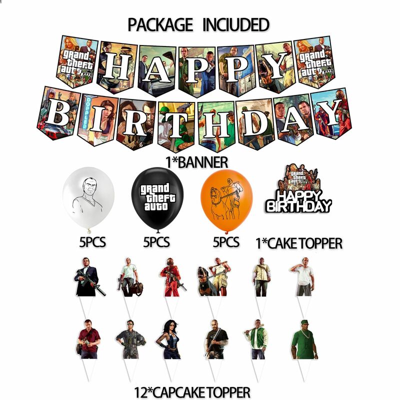 Jogo Grand Theft Auto Theme Party Cake Topper, GTA5 Balão Bandeira, Puxando Banner, Crianças, Feliz Aniversário Decoração Suprimentos